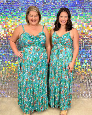 Skies Are Blue Tropical Treasure Dress - Teal Green, plus size, pleated, print, spaghetti straps, sweetheart neckline, smocked, plus size