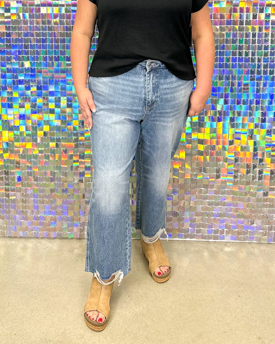 Judy Blue Lana High Waist Destroy Hem Wide Leg Crop - Medium Wash