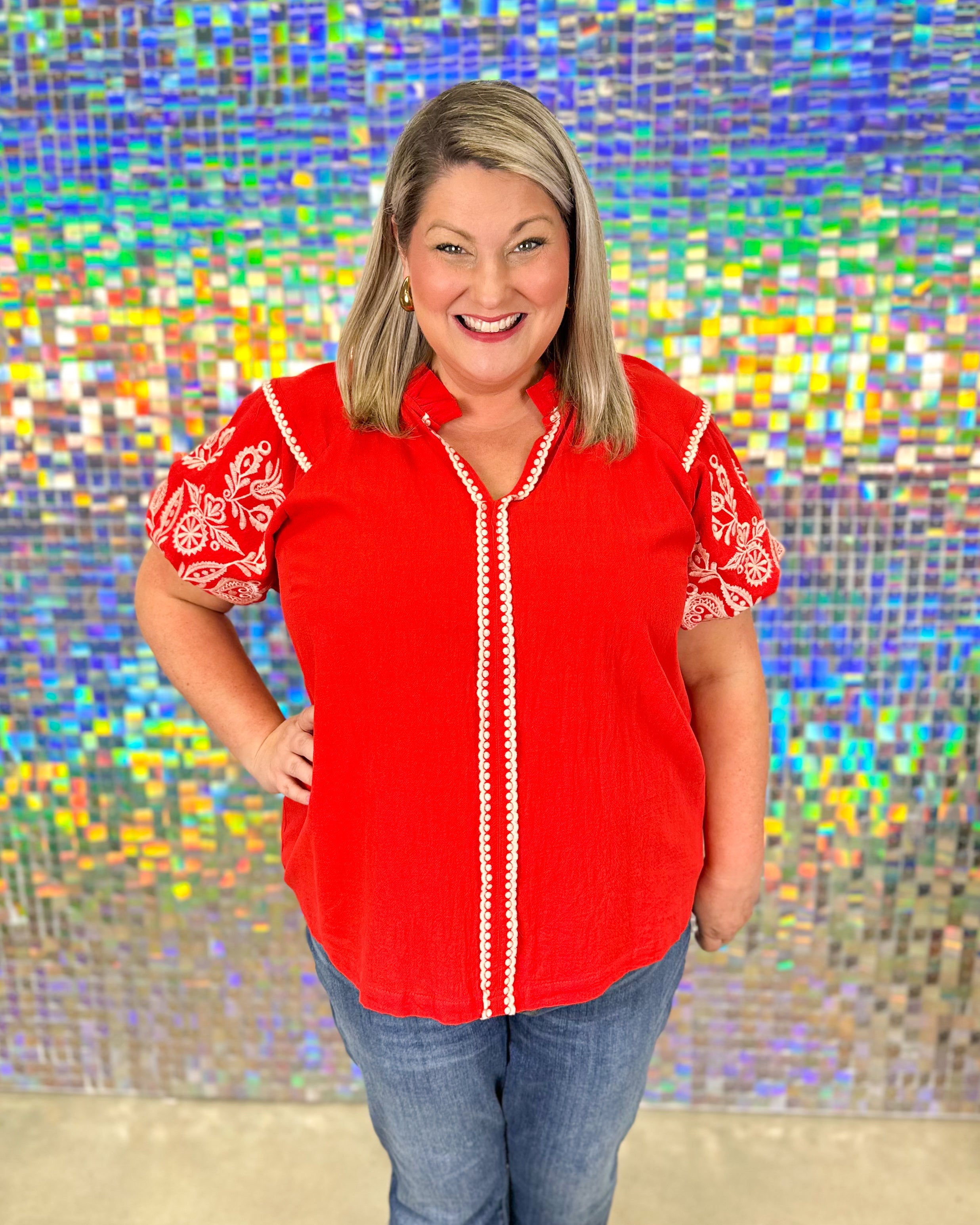 Tricia Embroidered Top - Red
