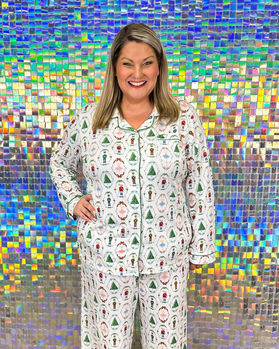 Nutcracker Waltz Long Sleeve Button Up Sleep Shirt - White/Multi