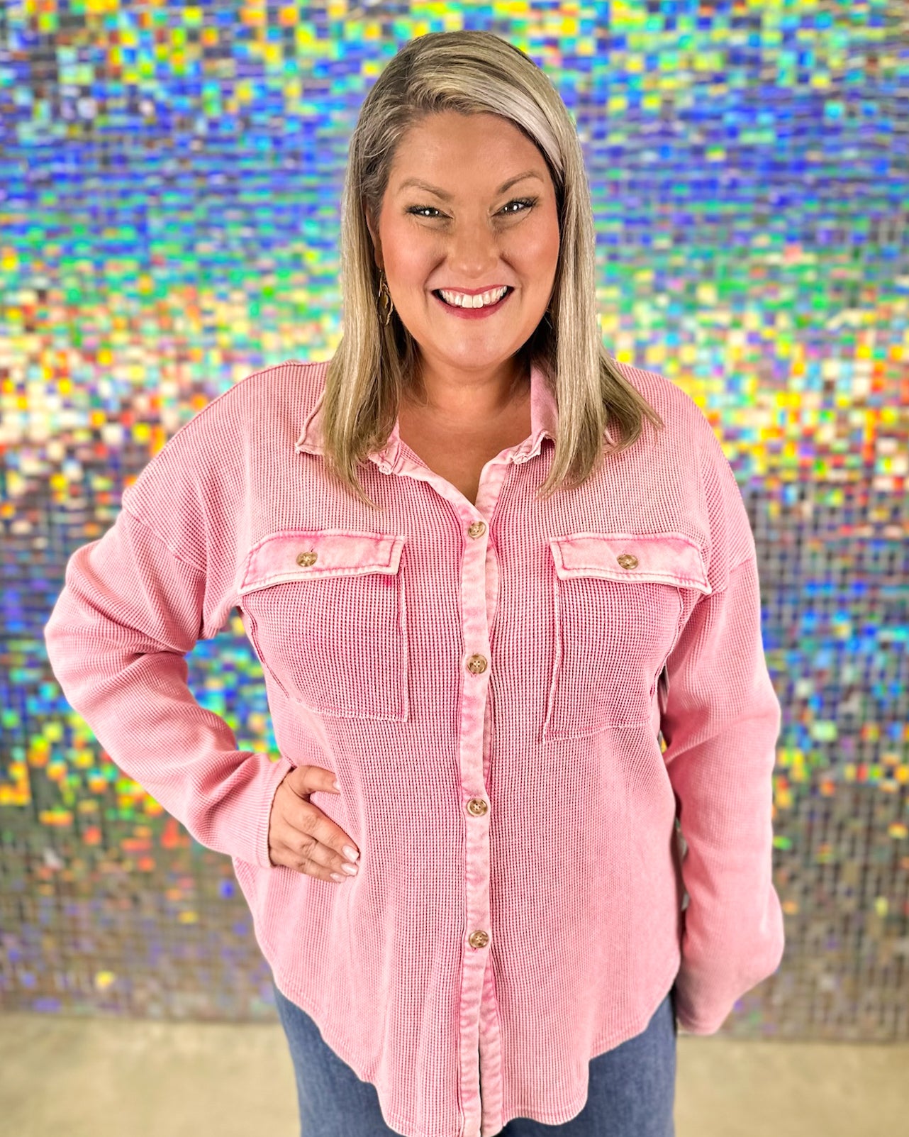 Shelby Waffle Button Up Top - Pink