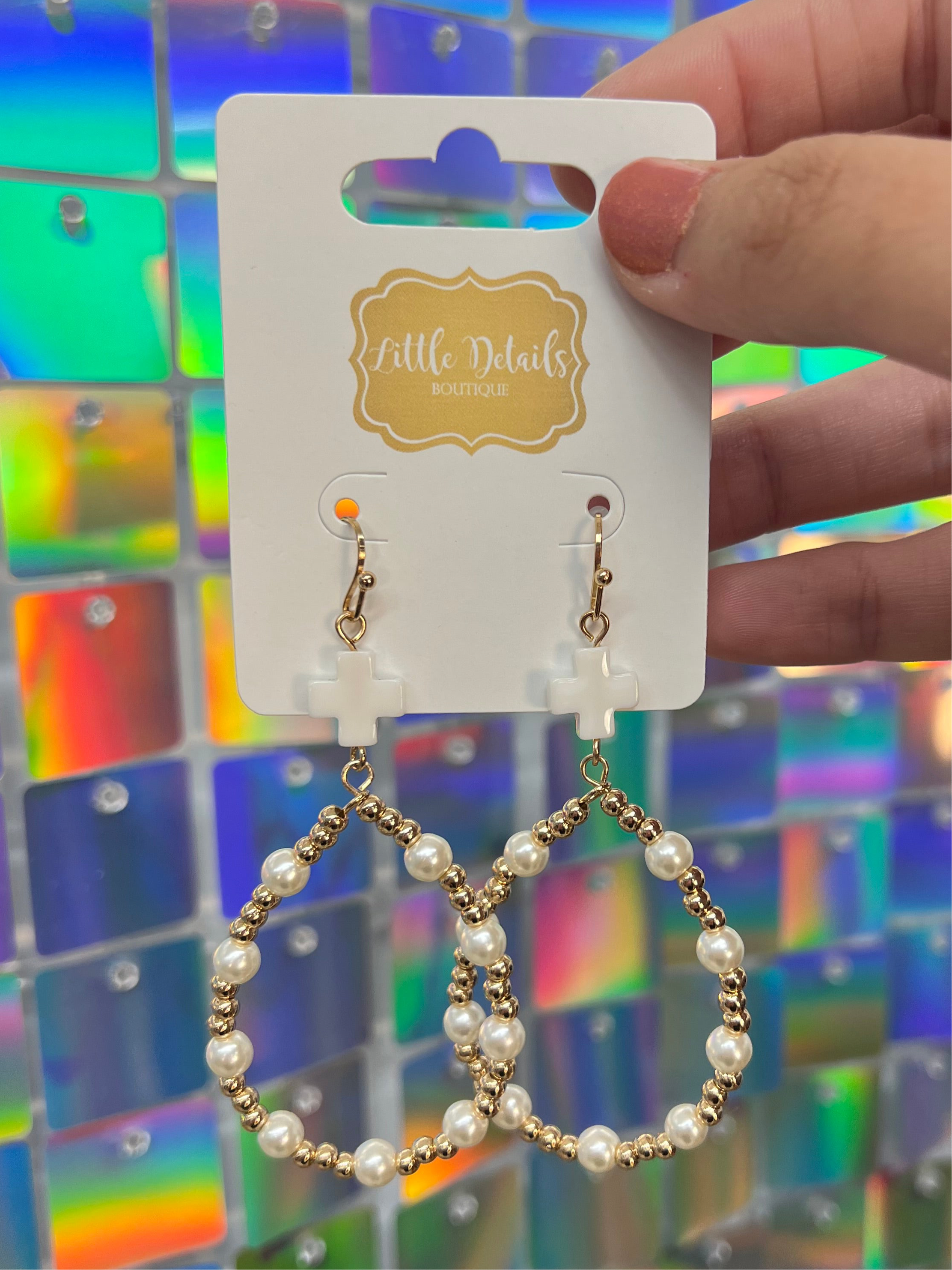 Beaded Dangle Cross/Pearls - Gold