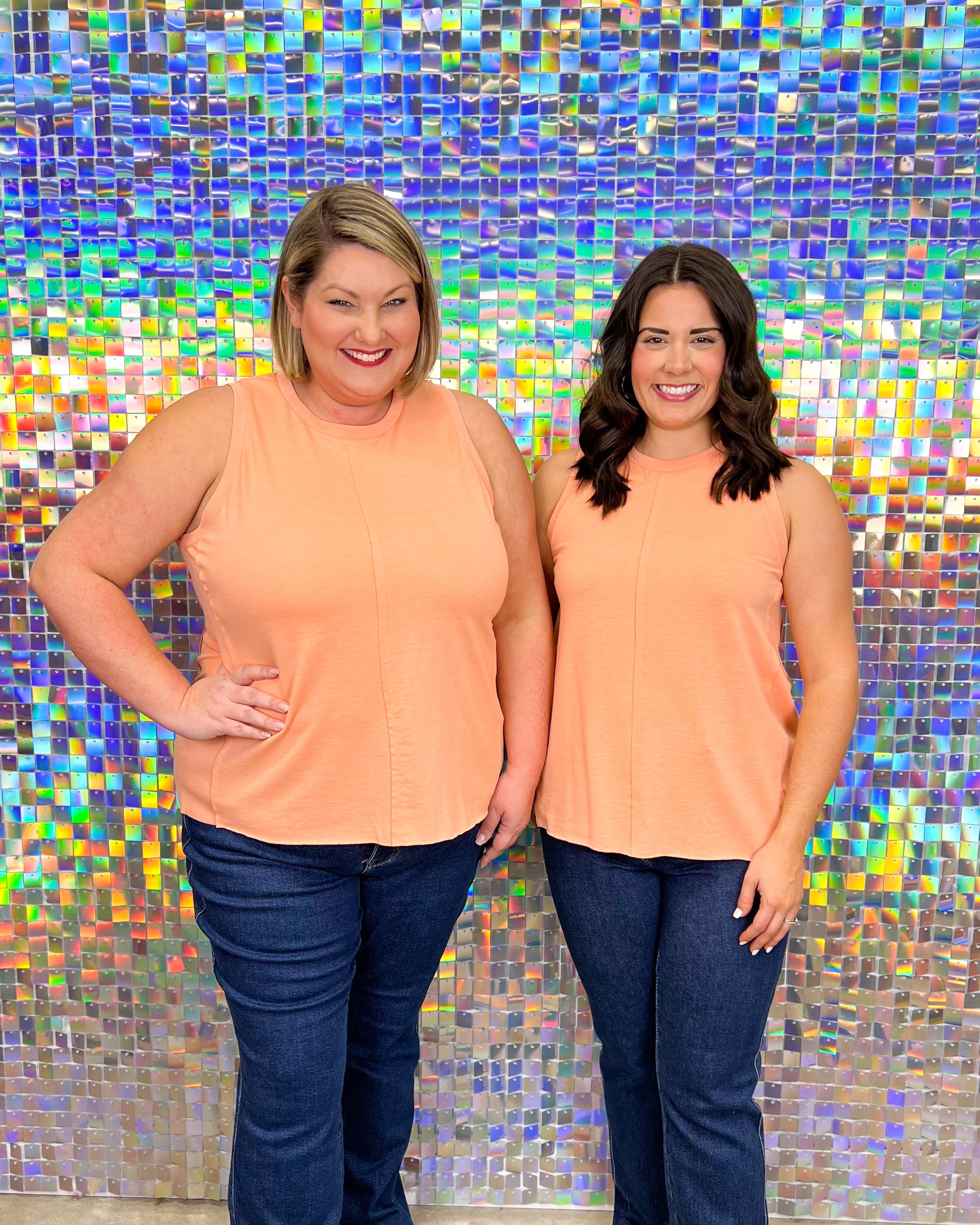 Mud Pie Dempsey Swing Tank - Peach, sleeveless, exposed center seam, ribbed panels at side, plus size