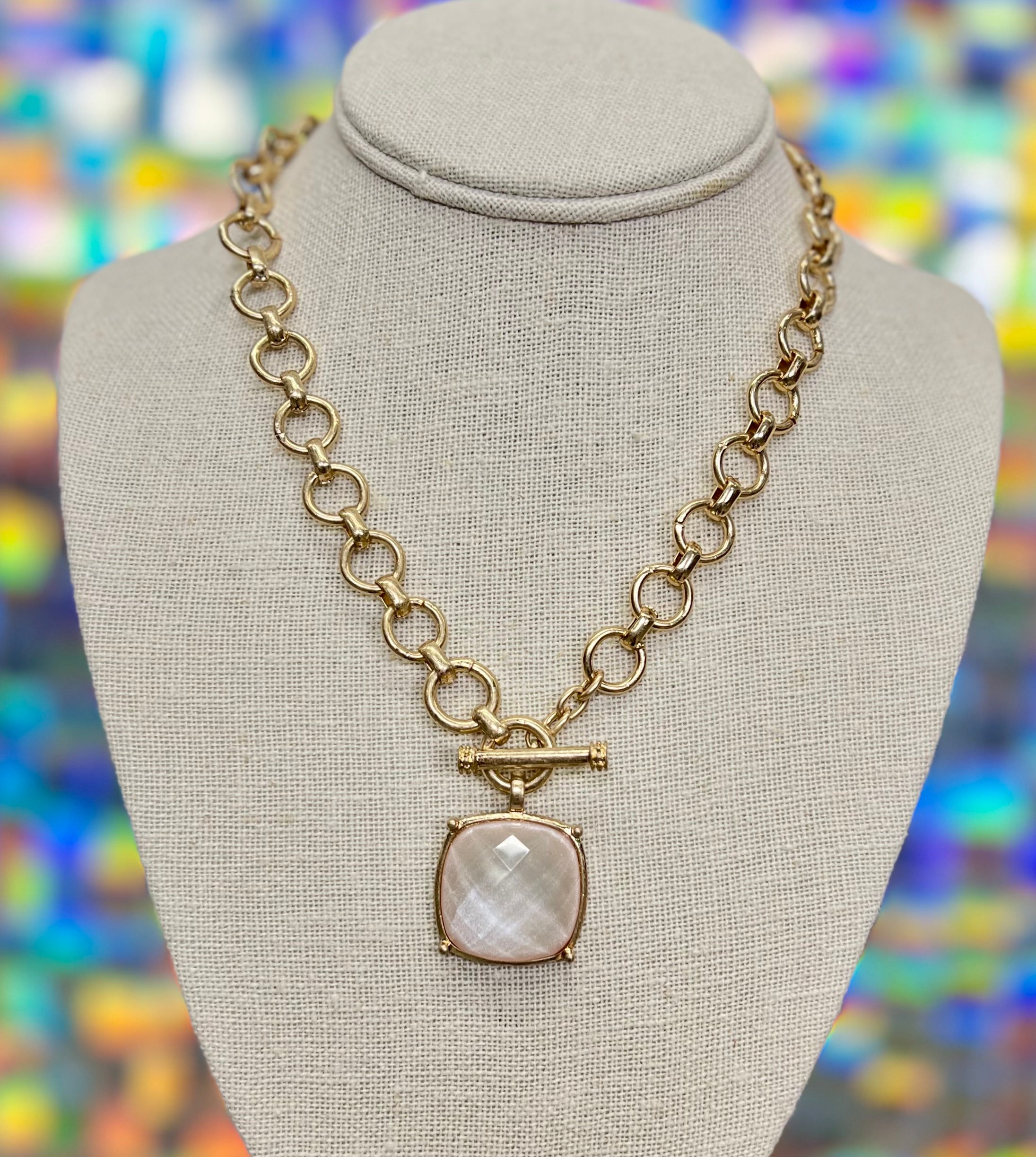 Square Stone Pendant Necklace Set - Champagne