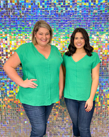 Andree By Unit Confessions Top - Kelly Green, plus size, gauze, v-neck, seam, sleeveless
