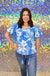 Jodifl Hawaiian Dreams Top - Blue, print, tropical, green, white, v-neck, puff sleeve, tassel