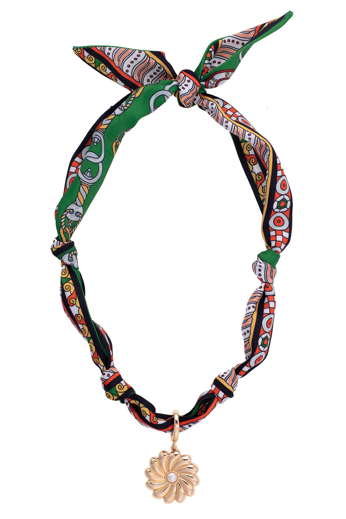 Gertrude Pearl Flower Scarf Necklace in Green/Black/Orange