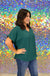 Entro Maghon Top-Hunter Green, short sleeves, v-neckline back seam, rounded hem, curvy