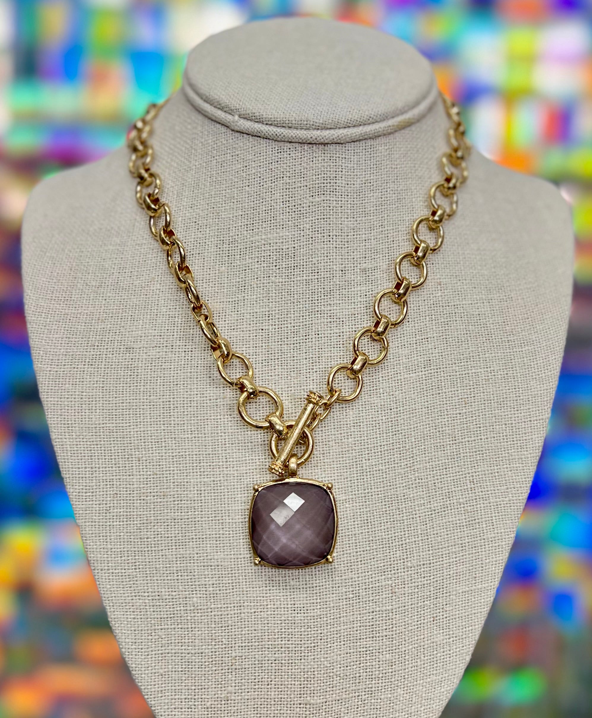 Square Stone Pendant Necklace Set - Gray