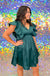 Serena Dress - Hunter Green, v-enck, flutter short sleeves, zipper back, pockets, pleated, silky, mini