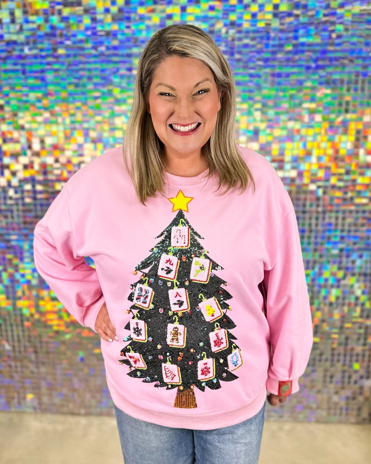 Queen of Sparkles Mahjong Christmas Tree Sweatshirt  - Pink