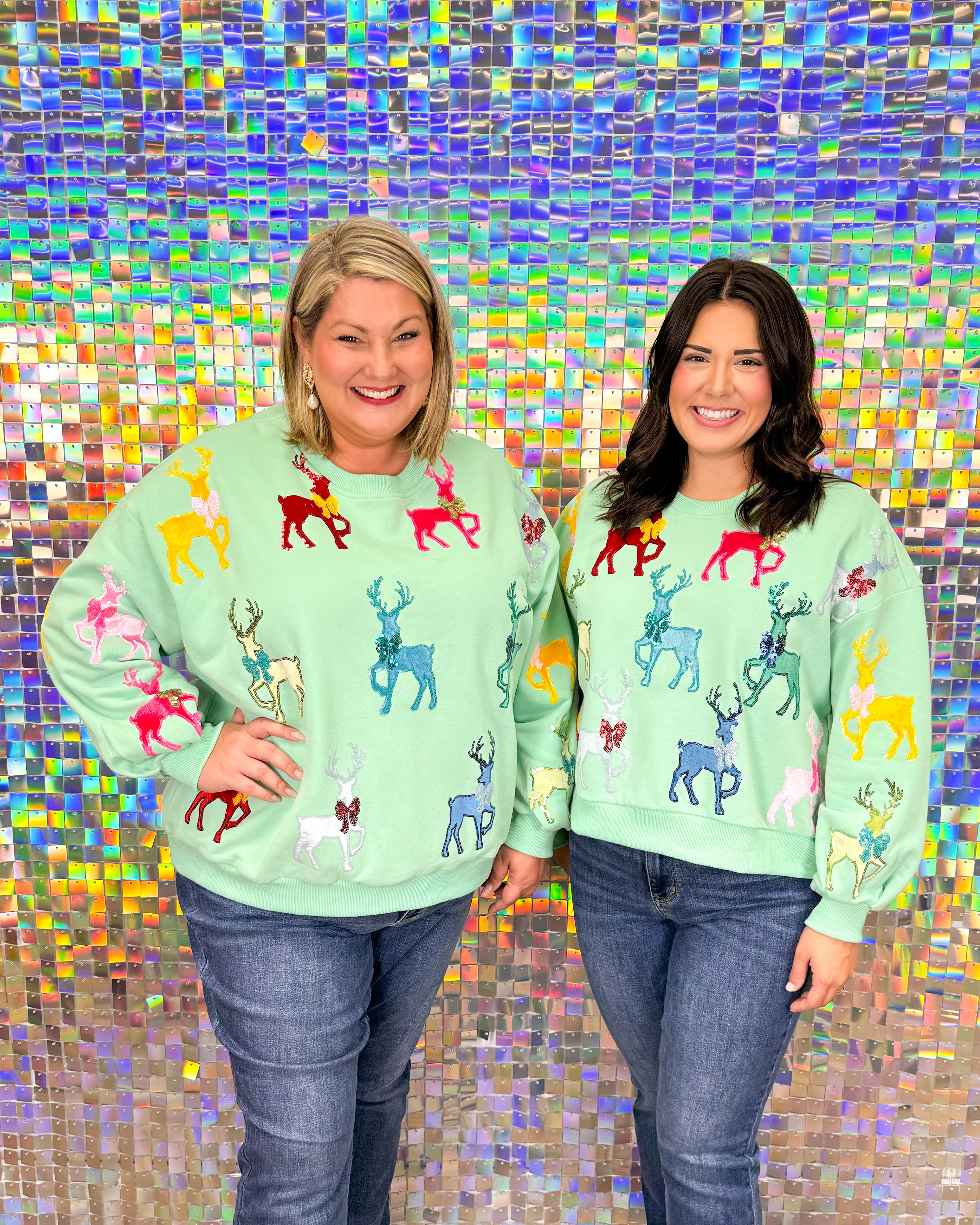 Queen of Sparkles Velvet Reindeers & Bows Sweatshirt - Mint Green