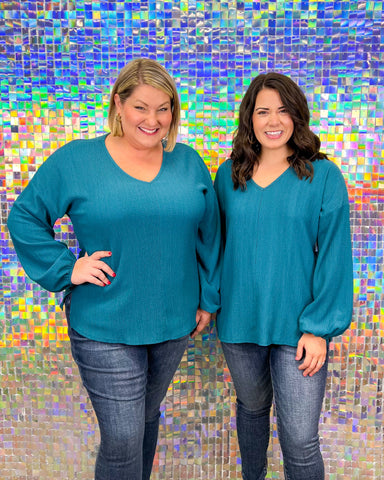 Cotton Bleu Better With You Top - Teal, long sleeve, v-neck, curvy