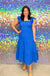 Mud Pie Martha Maxi Dress - Blue, short ruffle sleeve, square neck, smocked, tiered, maxi