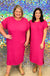 Entro Amallah Dress - Hot Pink, plus size, ribbed, knit, midi, slit, short sleeve, round neck
