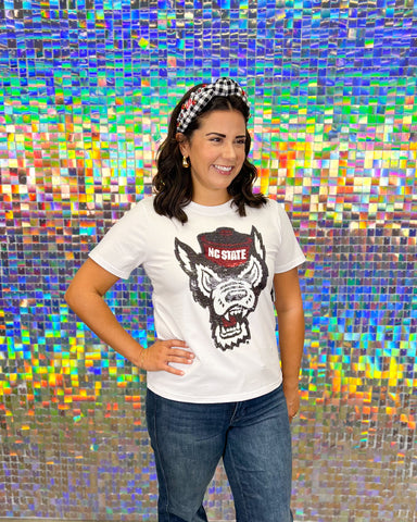 Stewart Simmons NC State Sequin Tee - White, wolfpack, north carolina state university, game day