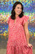 Entro Farmers Market Fun Dress - Pink, buttons, v-neck, short sleeve, flutter sleeve, tiered, print, plus size