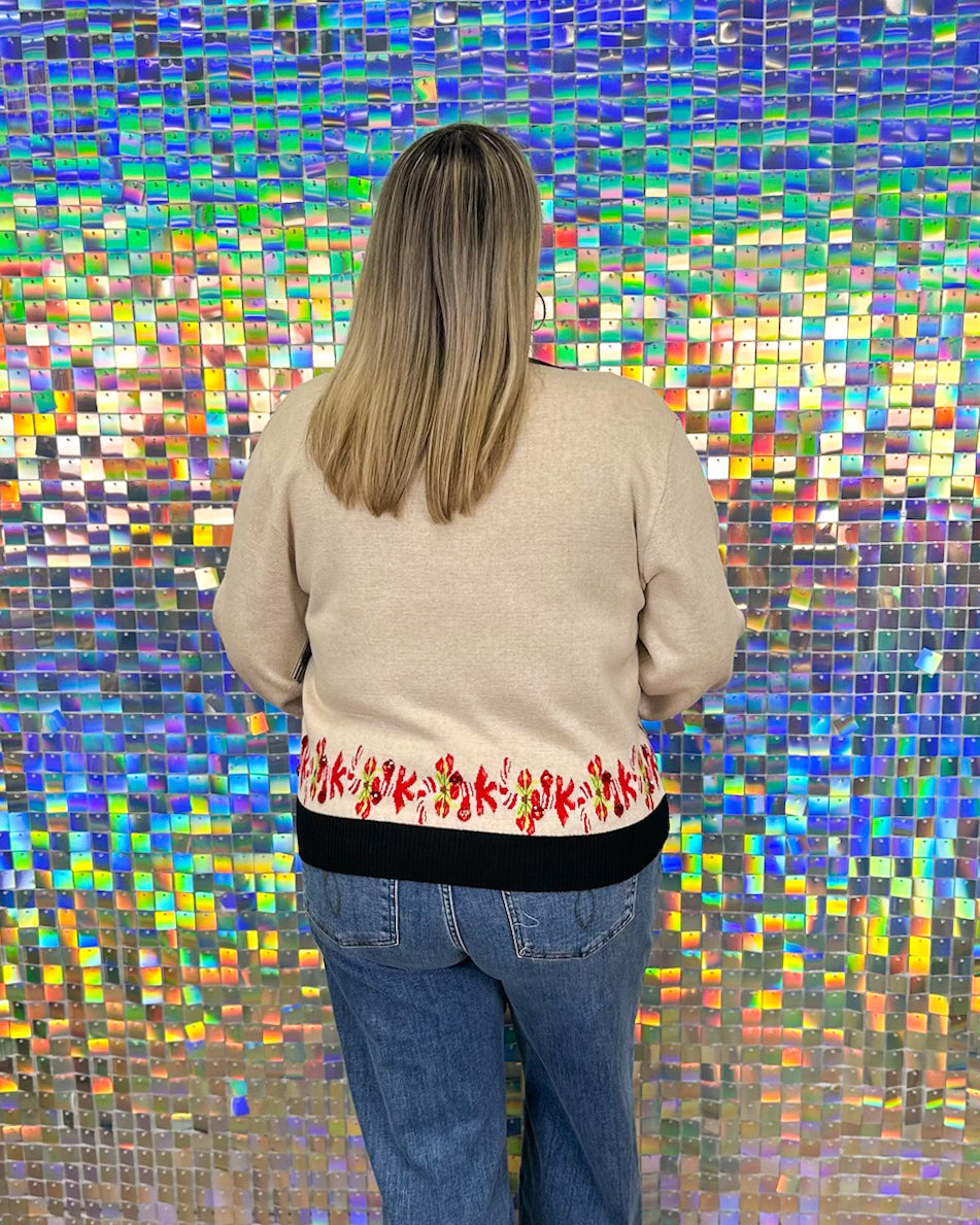 Queen of Sparkles Nutcracker & Candy Cane Button Up Cardigan - Oatmeal/Black