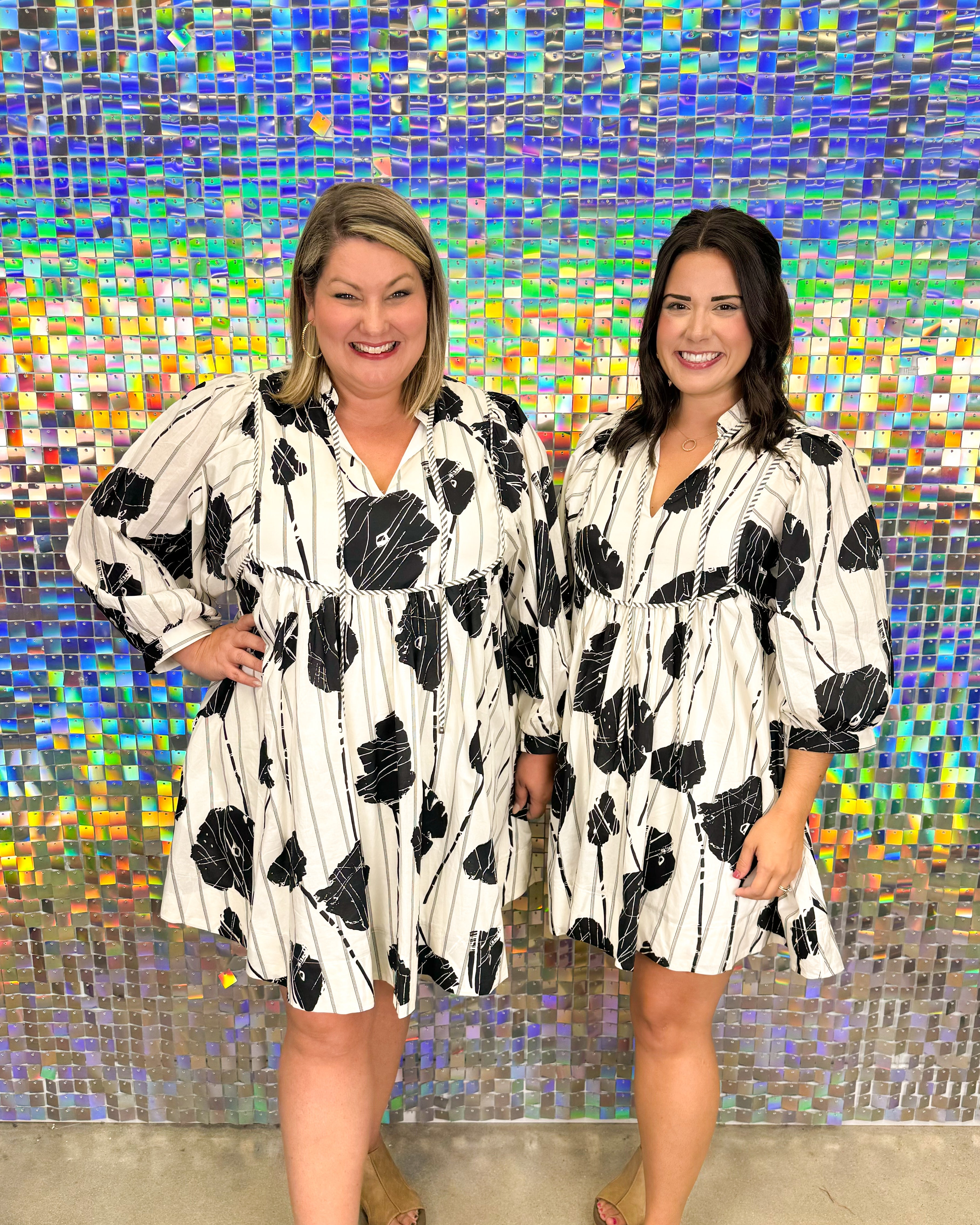 Entro Dream on Dress - Black, white, floral, long sleeve, v-neck, plus size, flowy