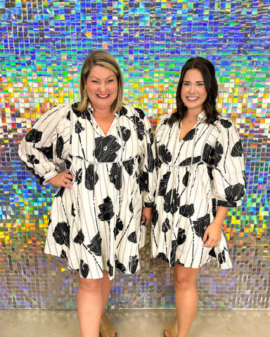 Entro Dream on Dress - Black, white, floral, long sleeve, v-neck, plus size, flowy