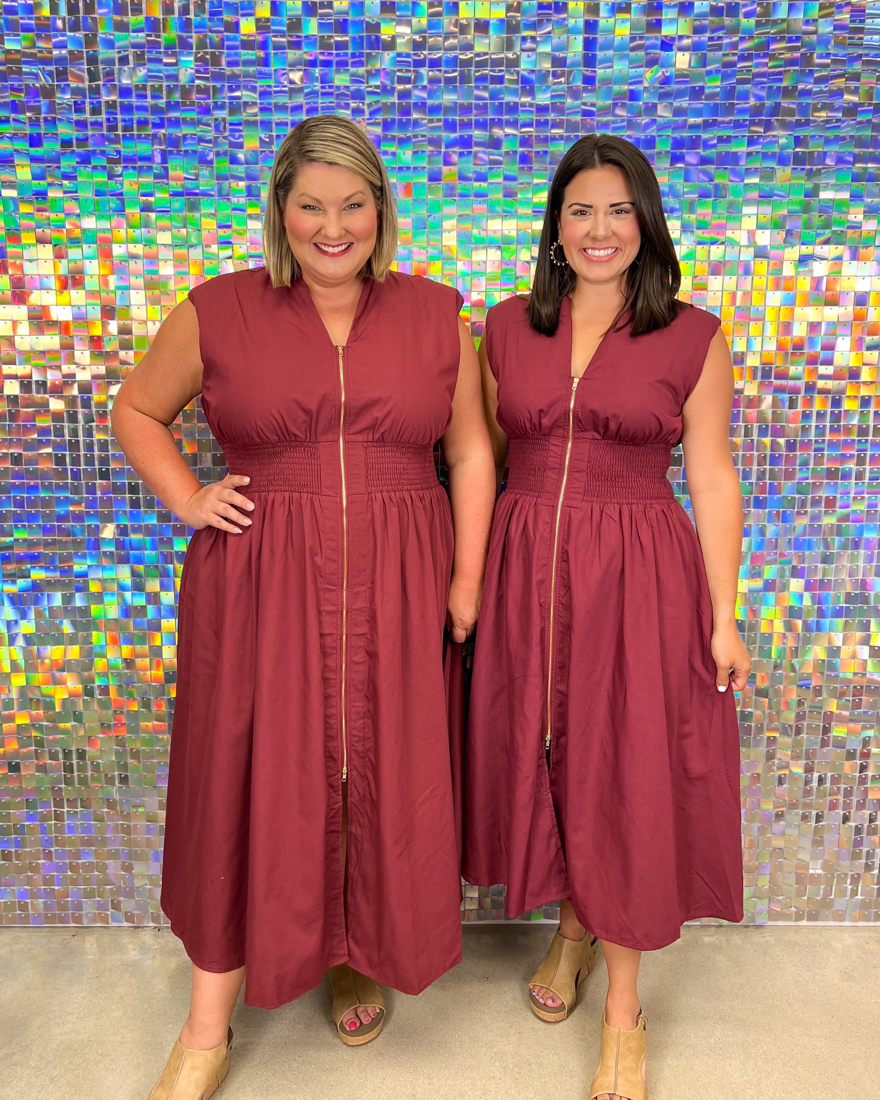 Entro Zip Me Up Dress - Merlot, burgundy, plus size, v-neck, zipper, midi, sleeveless, v-neck