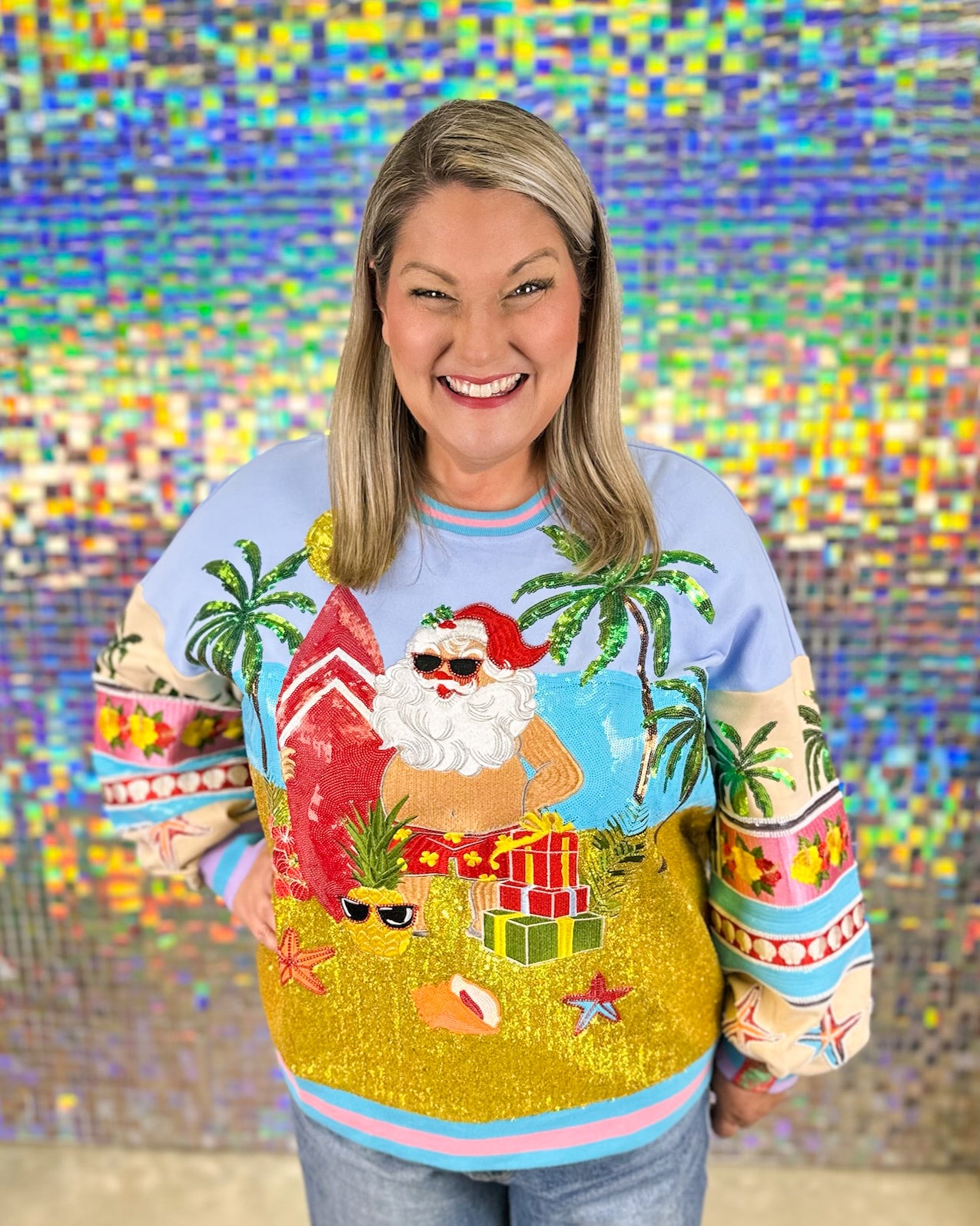 Queen of Sparkles Vintage Vacation Santa Sweatshirt - Blue/Gold