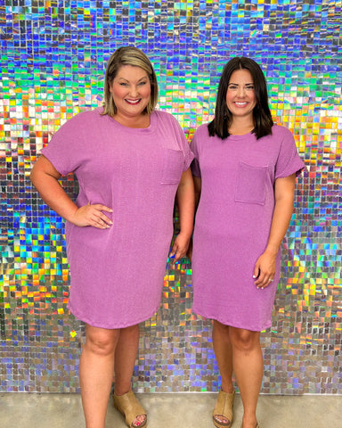 Entro Funday Dress - Purple, mini, ribbed, plus size, pocket, round neck, short sleeve, game day