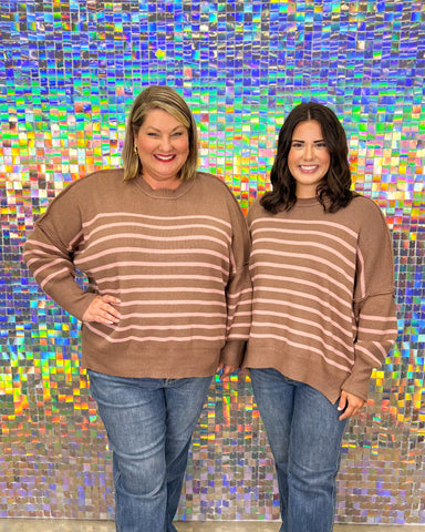 Entro Kasey Striped Sweater - Mocha, brown, pink, long sleeve, round neck, side slits, oversized, plus size