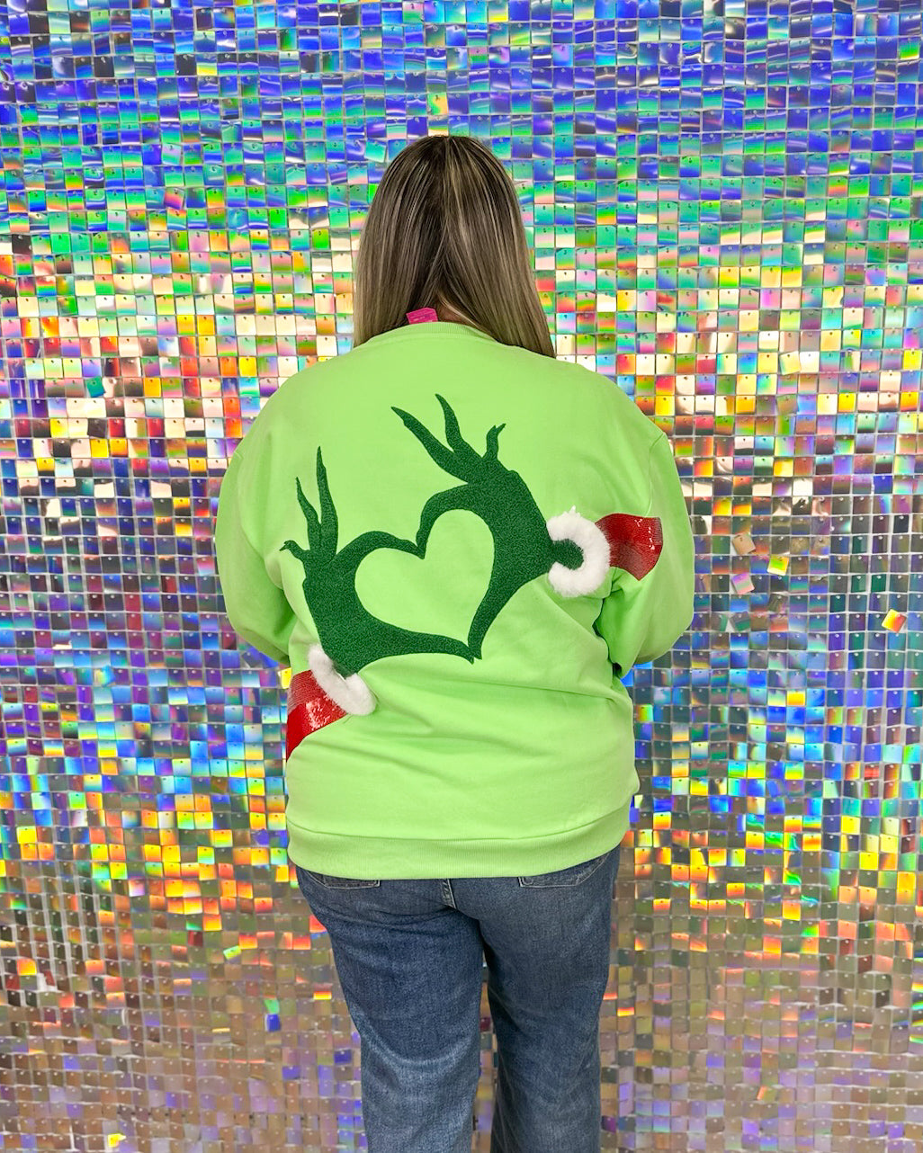 Queen of Sparkles Grinch Heart Hands Sweatshirt  - Green