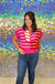 Entro Forever Classic Sweater - Pink, stripe, zipper, v-neck, cropped, red, short sleeve