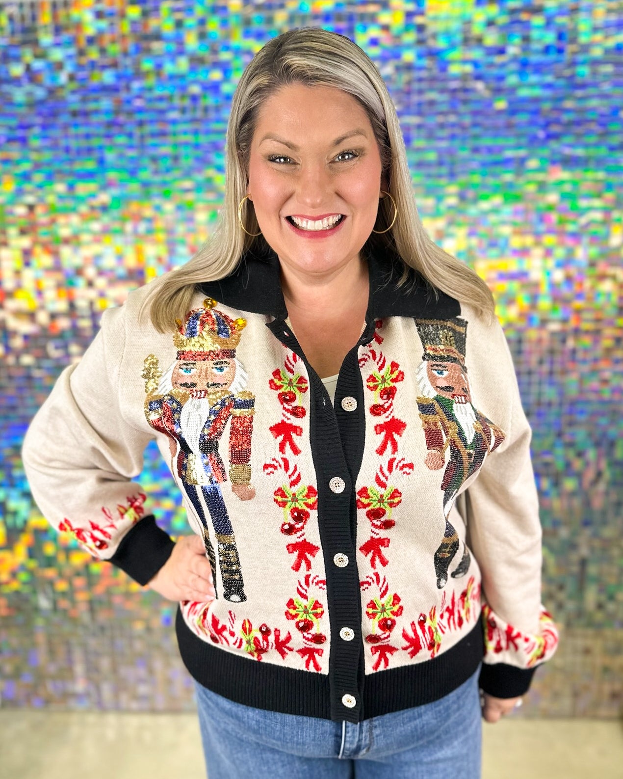 Queen of Sparkles Nutcracker & Candy Cane Button Up Cardigan - Oatmeal/Black