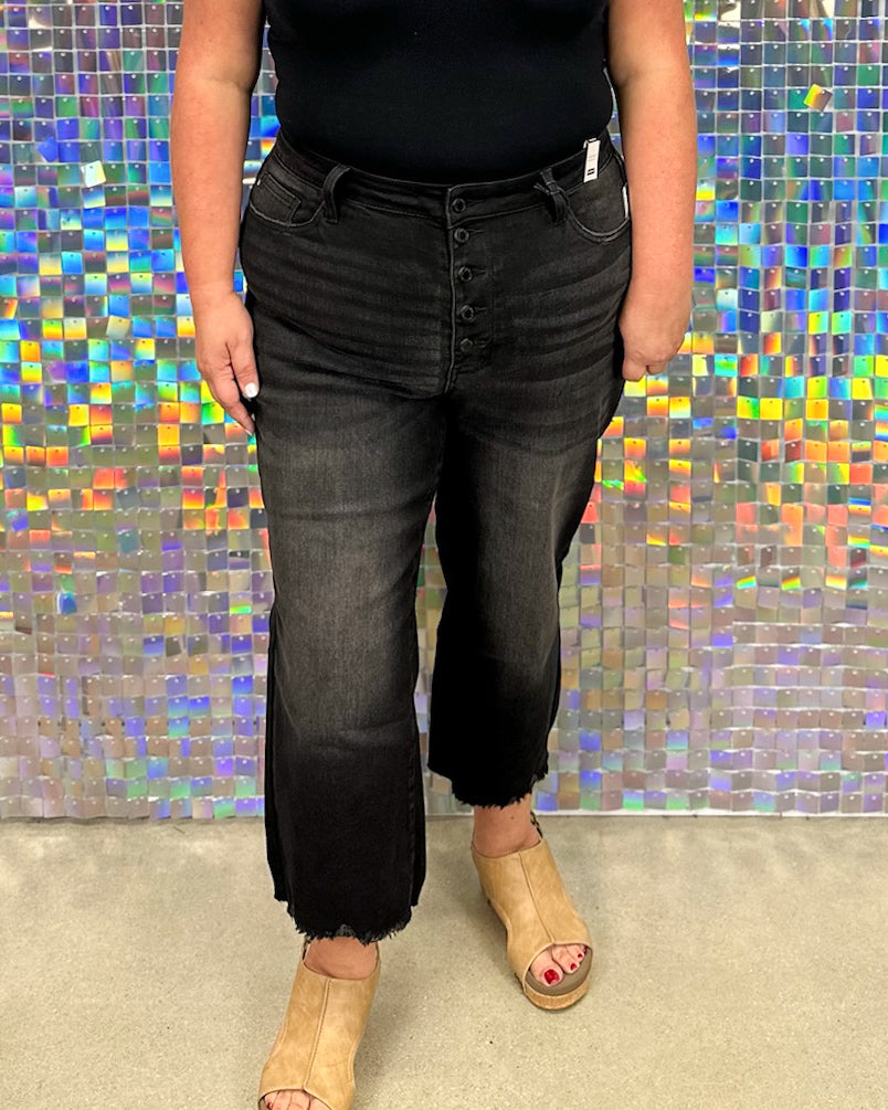 Judy Blue Aggie Crop Wide Leg Raw Hem High Waist Jean - Black