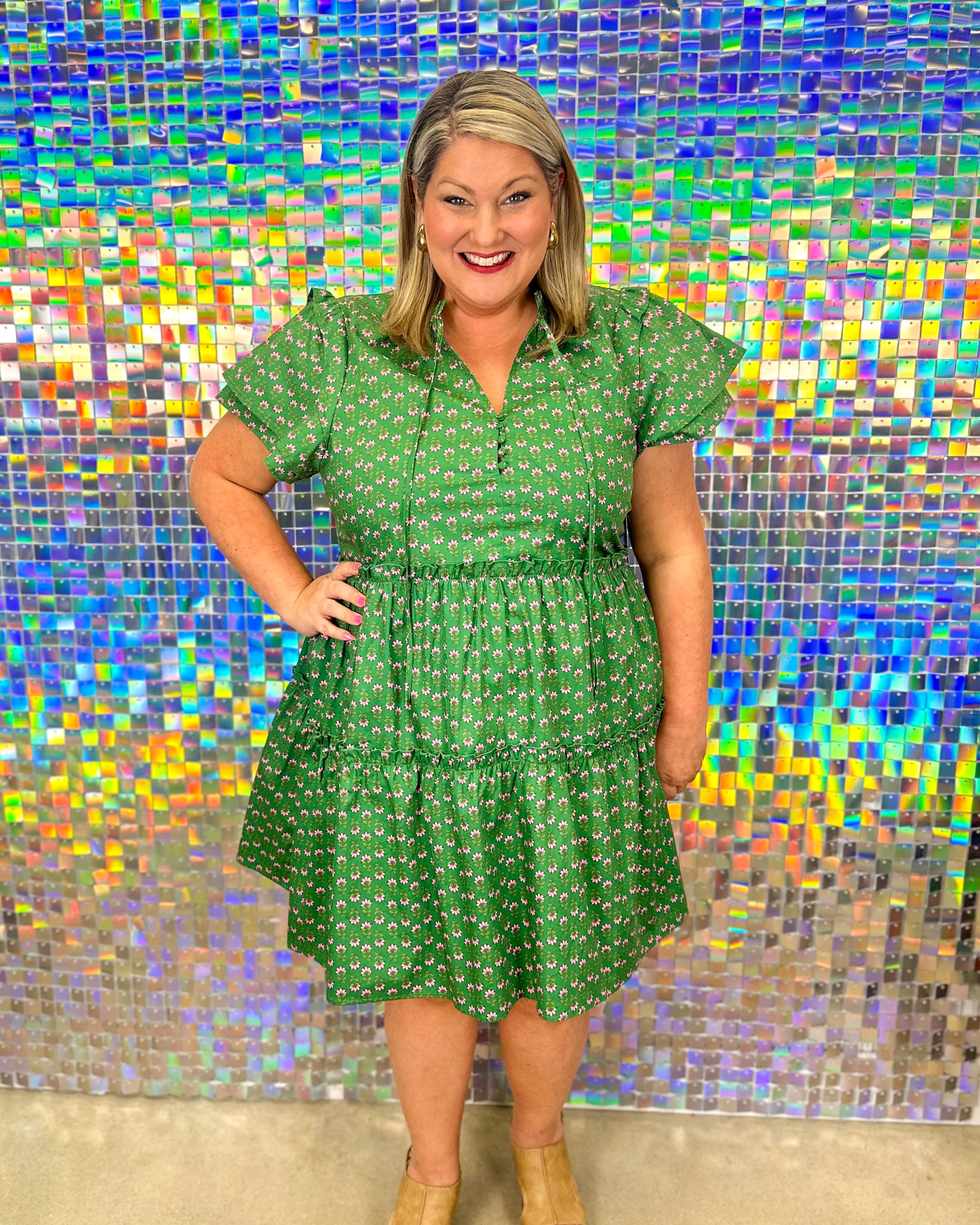 FINAL SALE-Isha Tiered Mini Dress - Kelly/Pink-