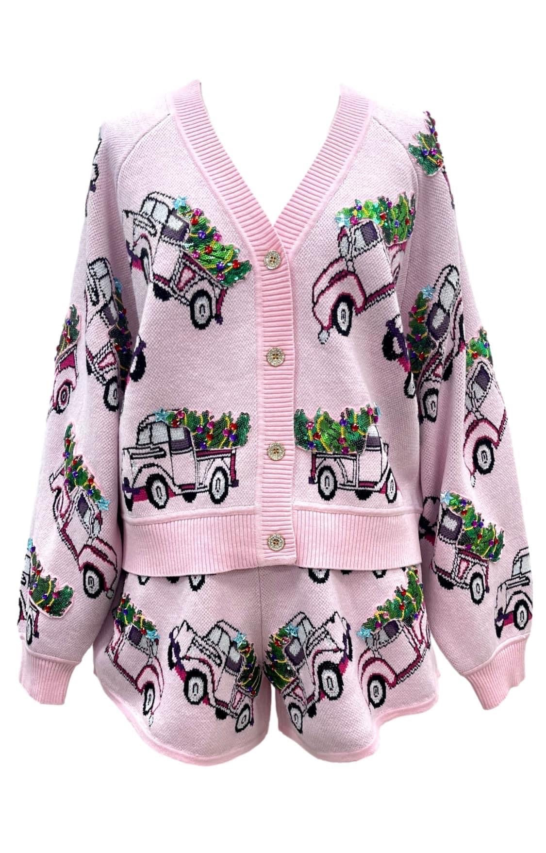 Queen of Sparkles Christmas Tree Trucks Cardigan - Light Pink