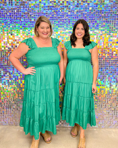 Skies Are Blue Alexandra Dress - Kelly Green, smocked, midi, tiered, plus size, flutter sleeve, square neck
