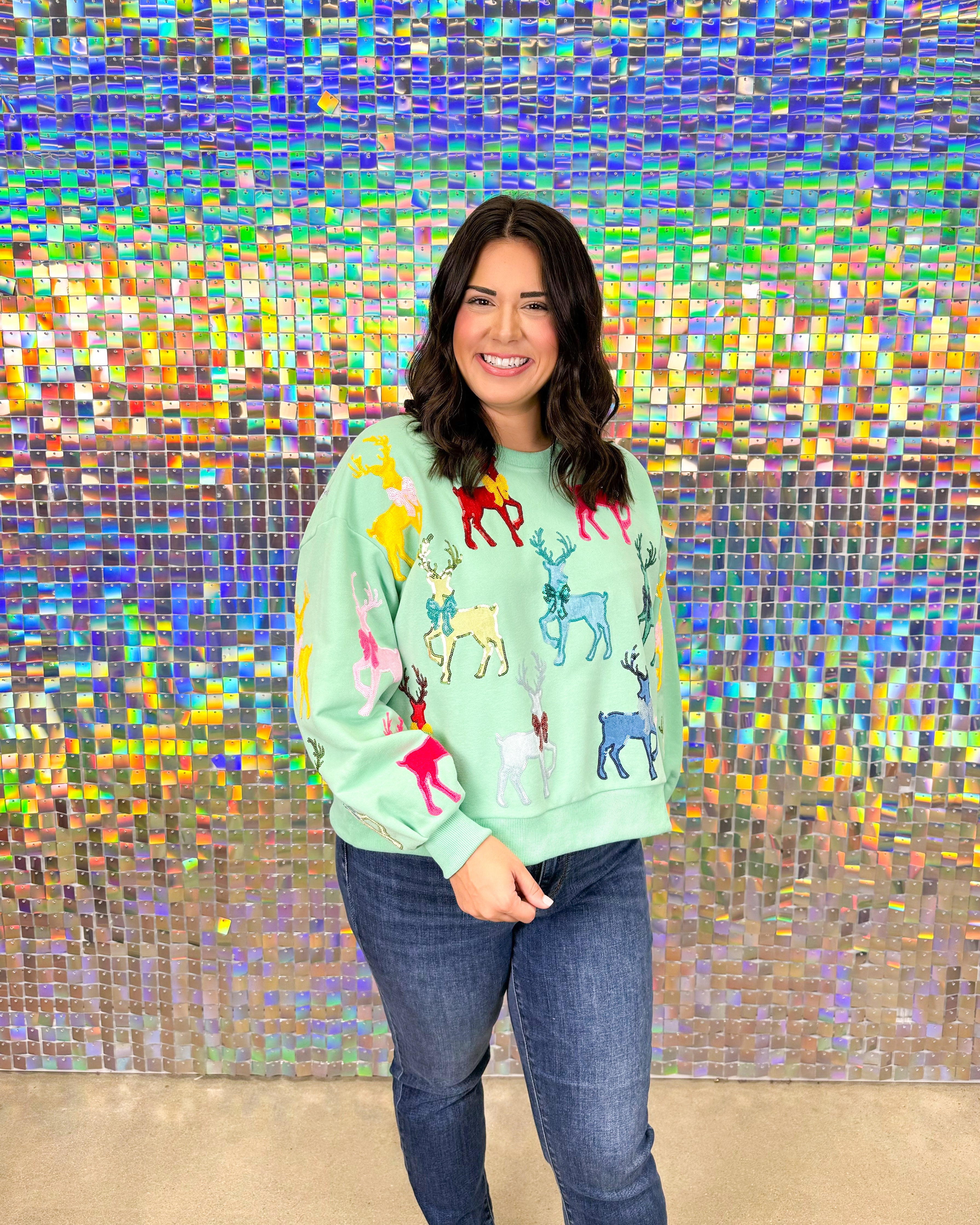 Queen of Sparkles Velvet Reindeers & Bows Sweatshirt - Mint Green