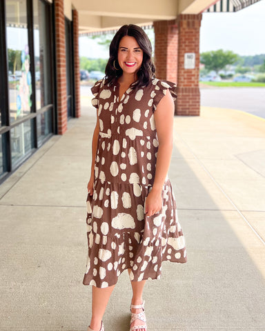 Jodifl Spotted In The Wild Midi Dress - Brown, short ruffle sleeve, v-neck, tiered, printed