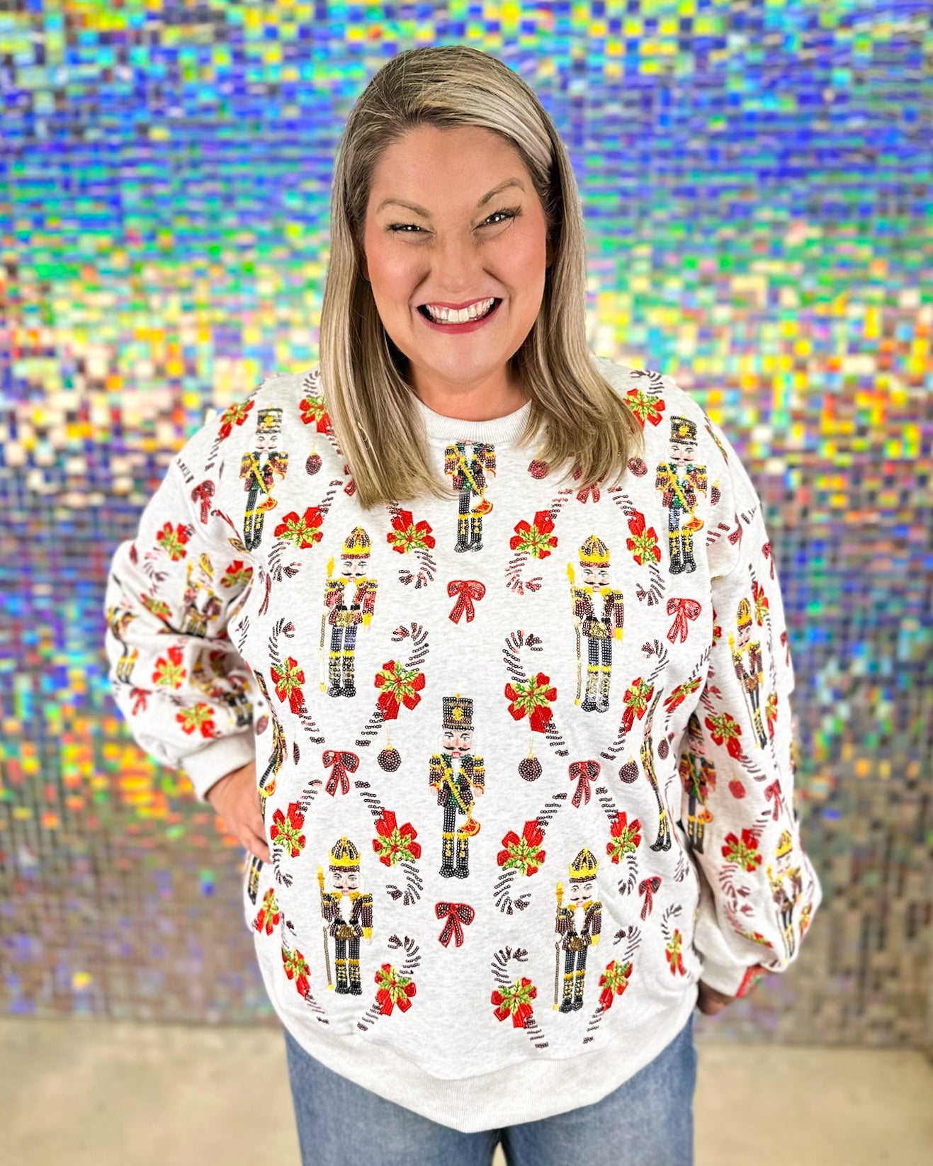 Queen of Sparkles Nutcracker & Candy Cane Sweatshirt - Grey/Red