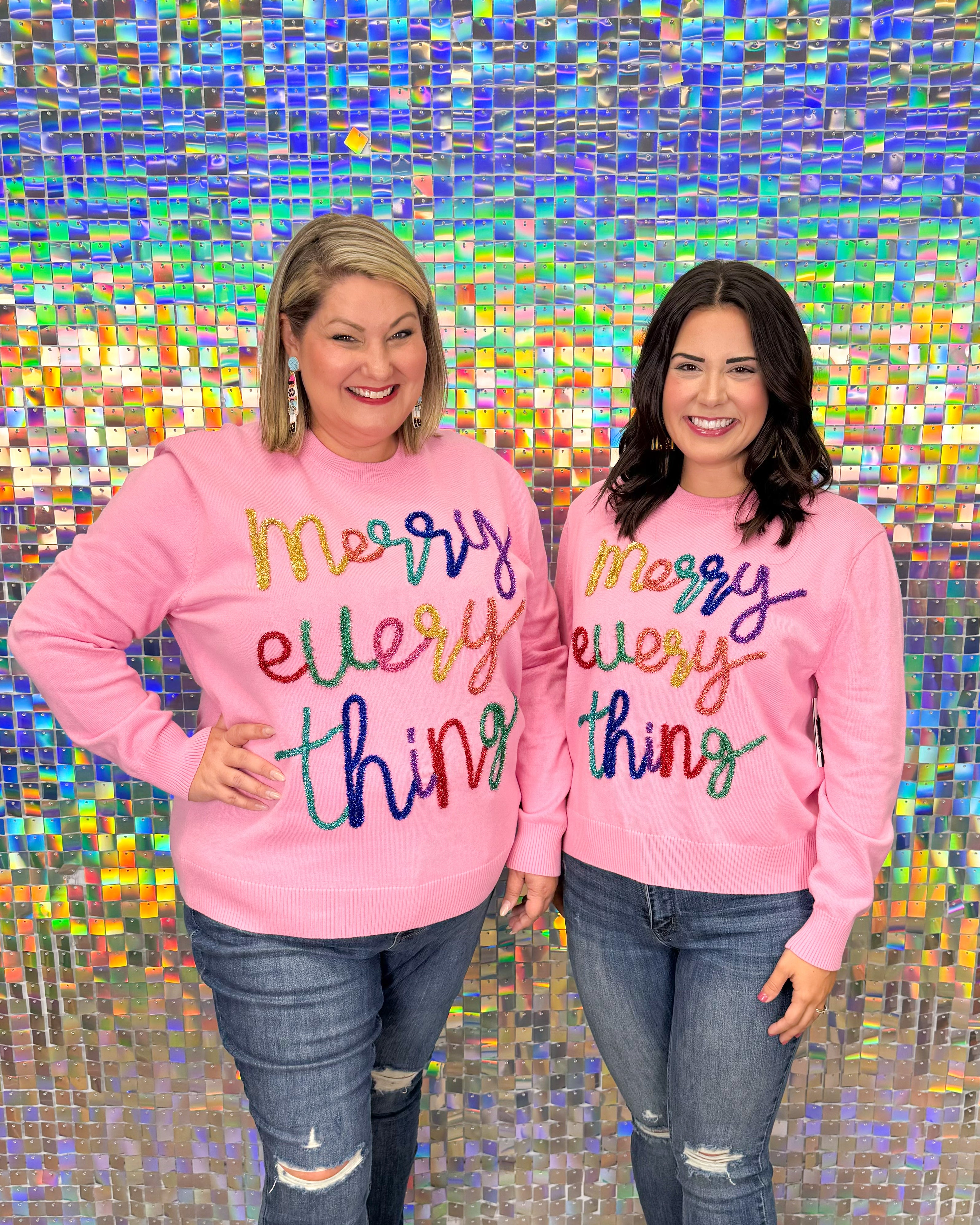 Queen of Sparkles Merry Everything Glitter Script Sweater - Pink