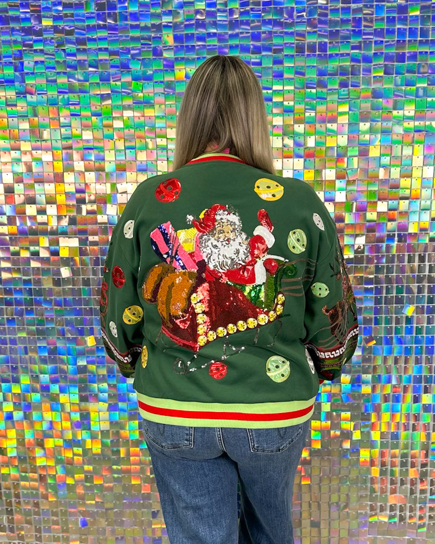Queen of Sparkles Vintage Jingle Bell Santa Sweatshirt - Dark Green