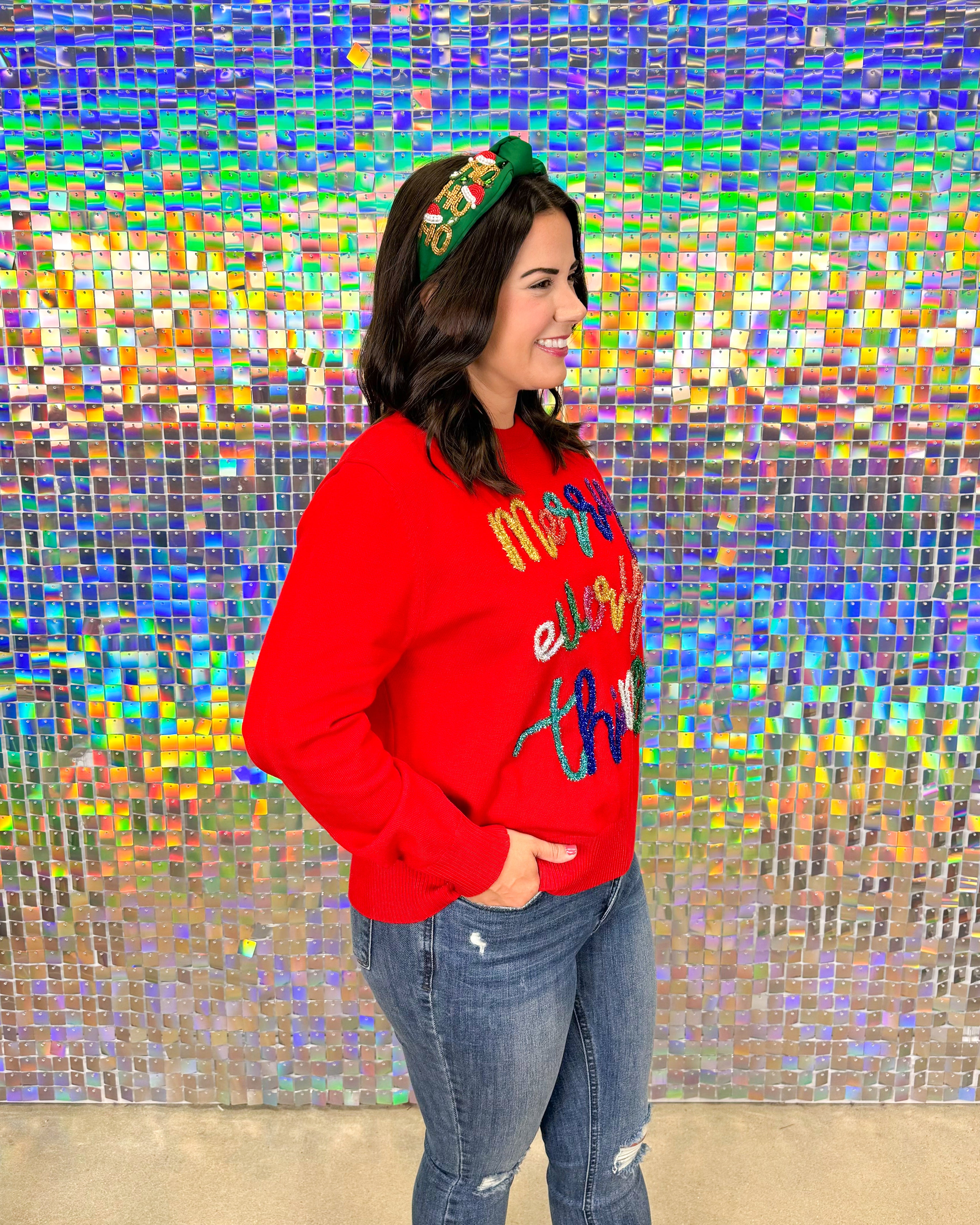 Queen of Sparkles Merry Everything Glitter Script Sweater - Red