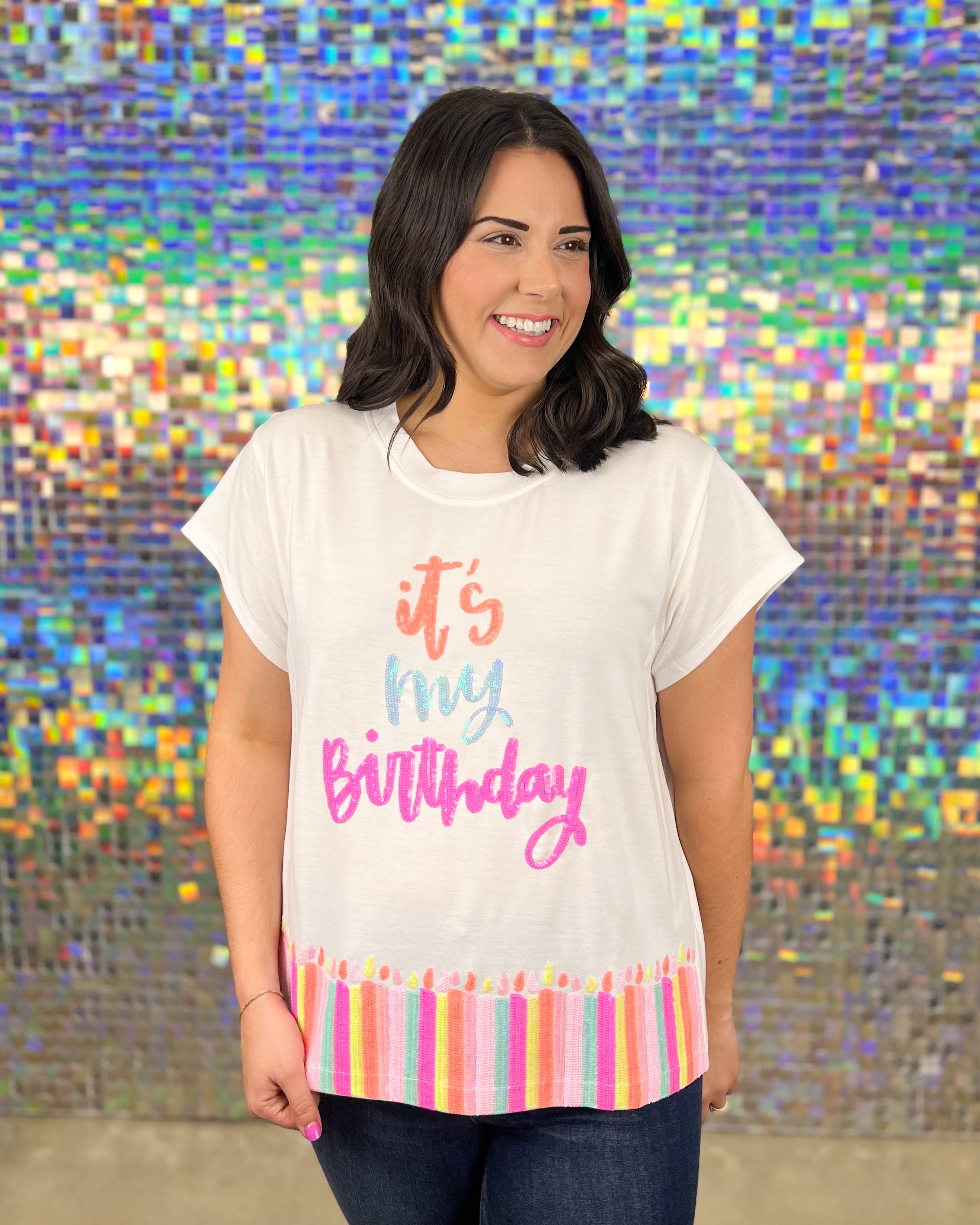 Mary Square Emily Top - It's My Birthday, plus size, sequins, candles, tee
