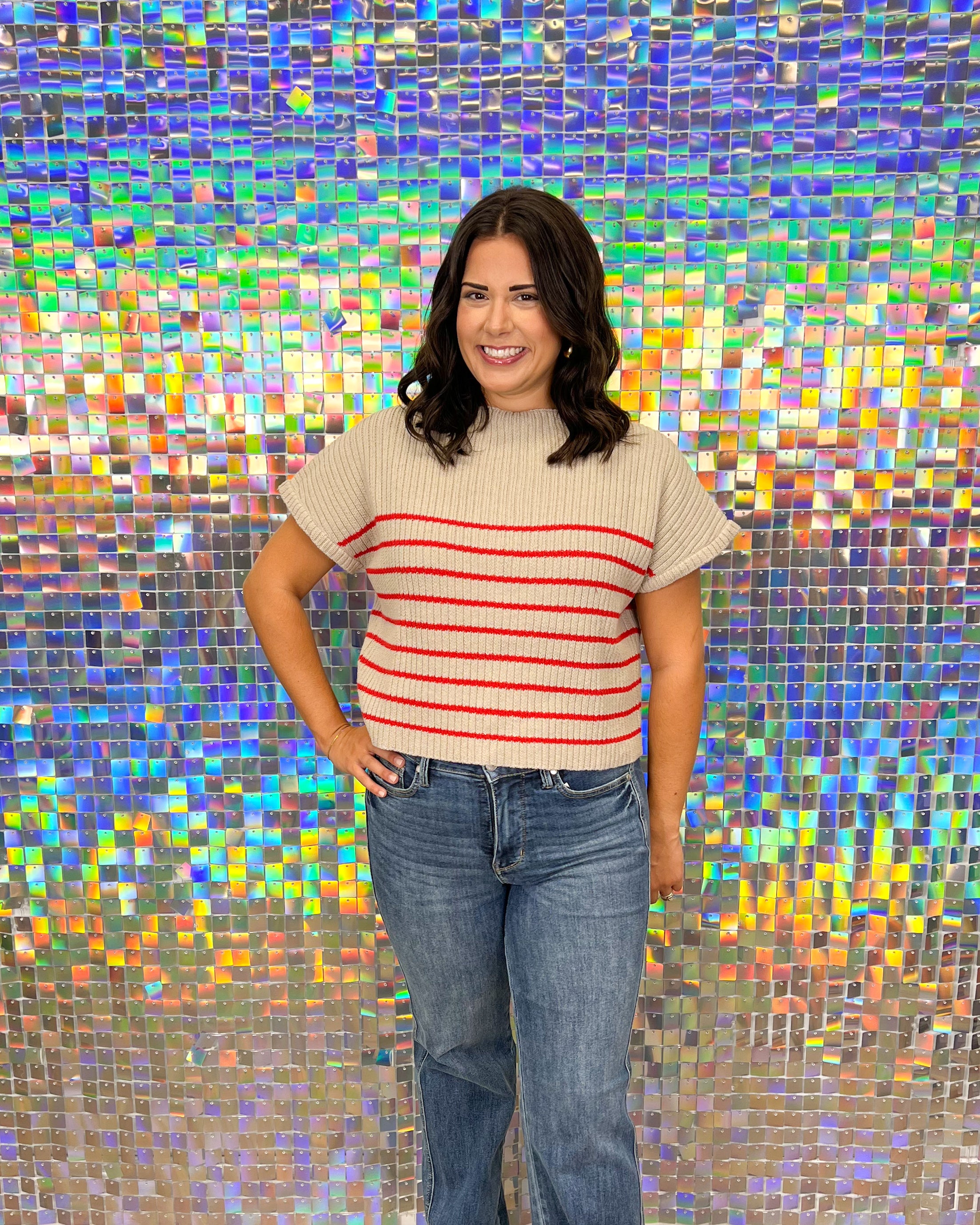 Entro Tammy Striped Sweater - Red, cropped, tan, cream, short sleeve, stripes