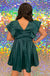 Serena Dress - Hunter Green, v-enck, flutter short sleeves, zipper back, pockets, pleated, silky, mini