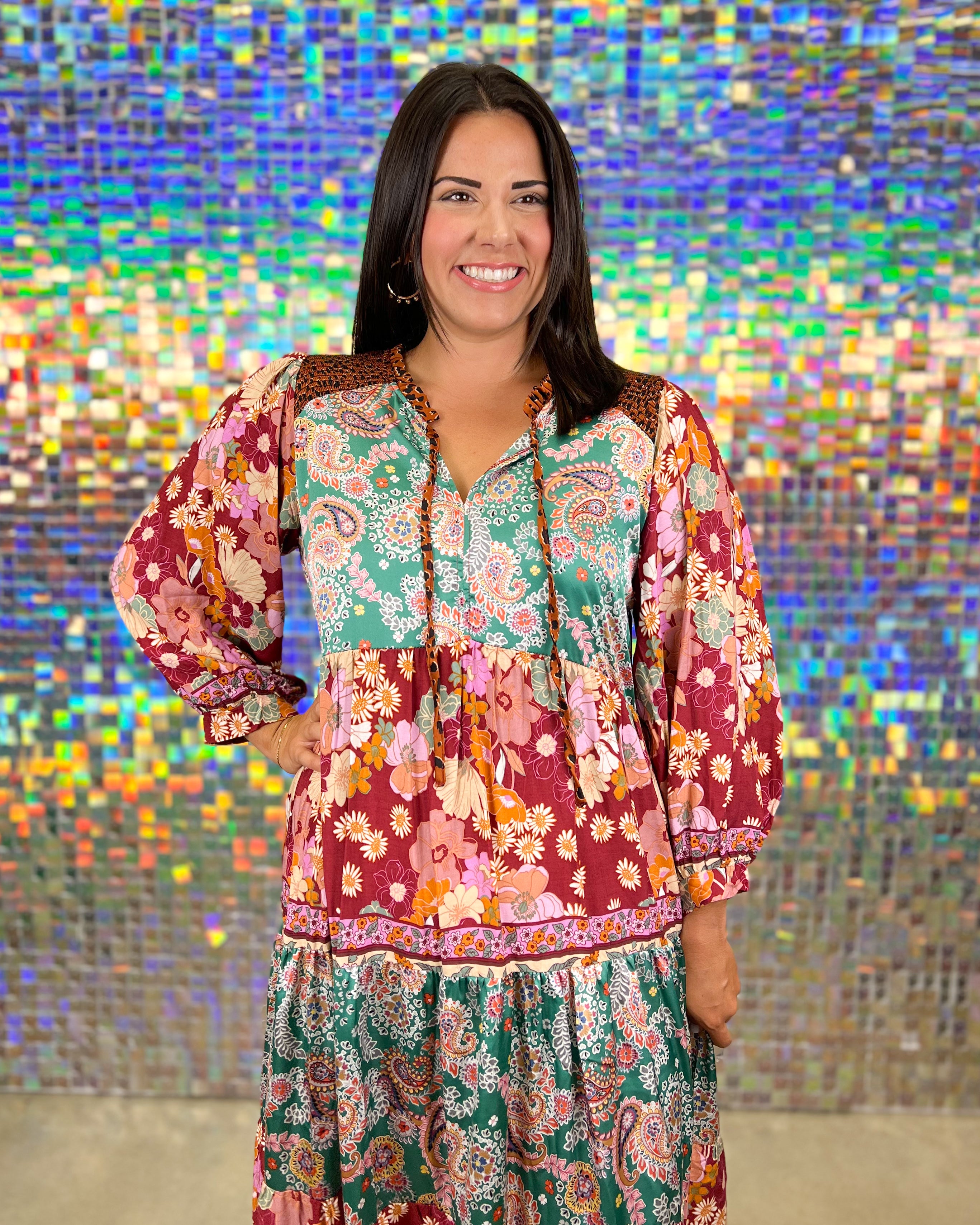 Umgee Hippy Dippy Dress - Green, plus size, long sleeve, v-neck, tiered, patchwork, pattern