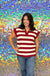 Entro Cameron Stripe Top - Garnet, preppy, collar, v-neck, short sleeve, white