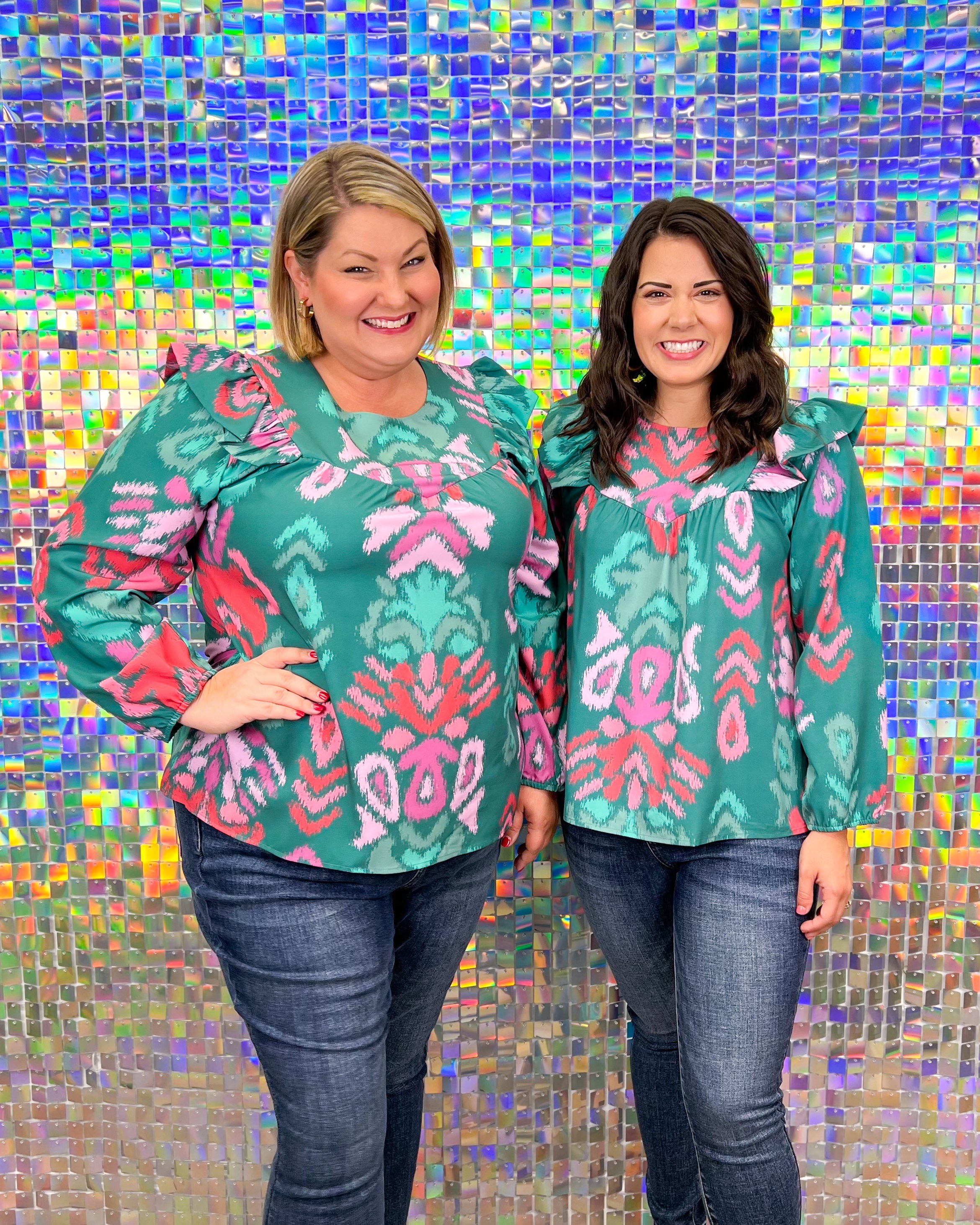 Michelle McDowell Kacey Top - Sunday Stroll Teal plus size, ruffles, ikat, colorful, print