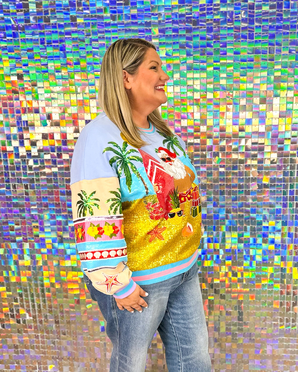 Queen of Sparkles Vintage Vacation Santa Sweatshirt - Blue/Gold