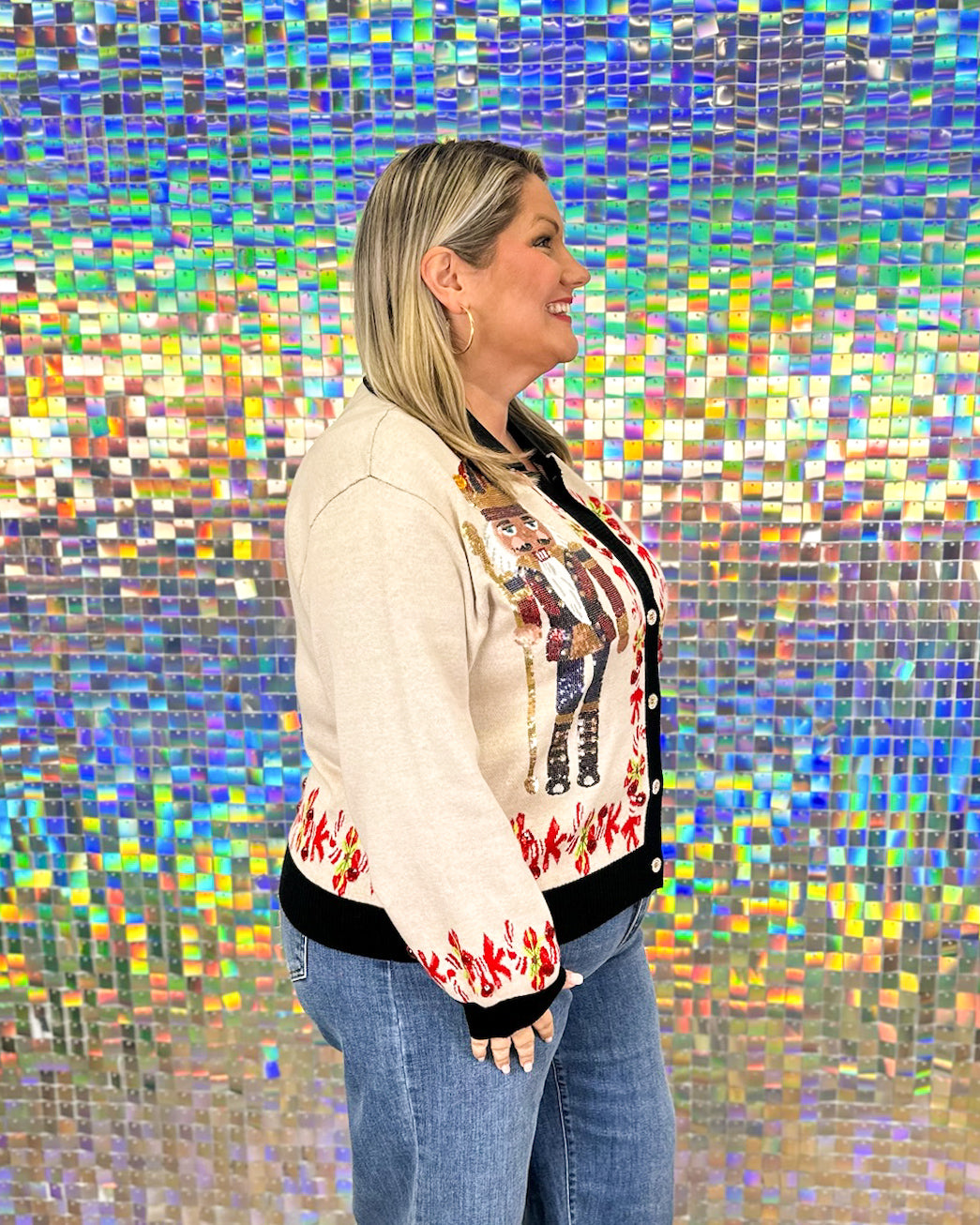 Queen of Sparkles Nutcracker & Candy Cane Button Up Cardigan - Oatmeal/Black