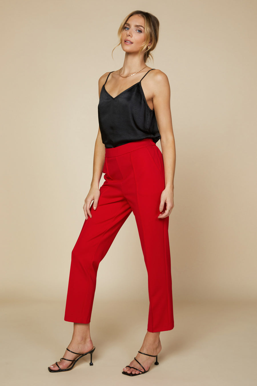 Skies are Blue Work Work Work Dress Pants - Scarlet Red, tapered leg, pull on, from pockets, pin tuck detail, plus size